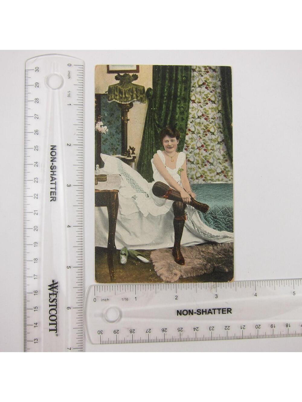 Postcard Risque French Woman Getting Dressed Sits on Bed in Underclothes Antique - Picture 12 of 12